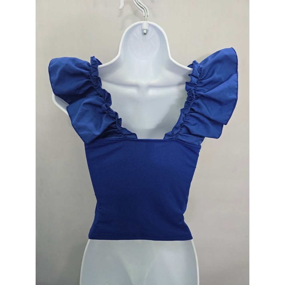Blue Ruffle Ribbed Crop Top Goth Grunge Biker Rockstar Dressy Shein XS - Picture 2 of 4